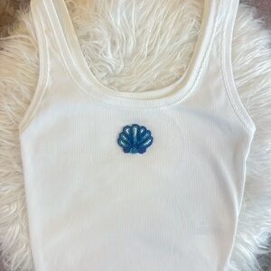 White Tank Top with Blue Shell Hand Stitched Bead Embroidery
